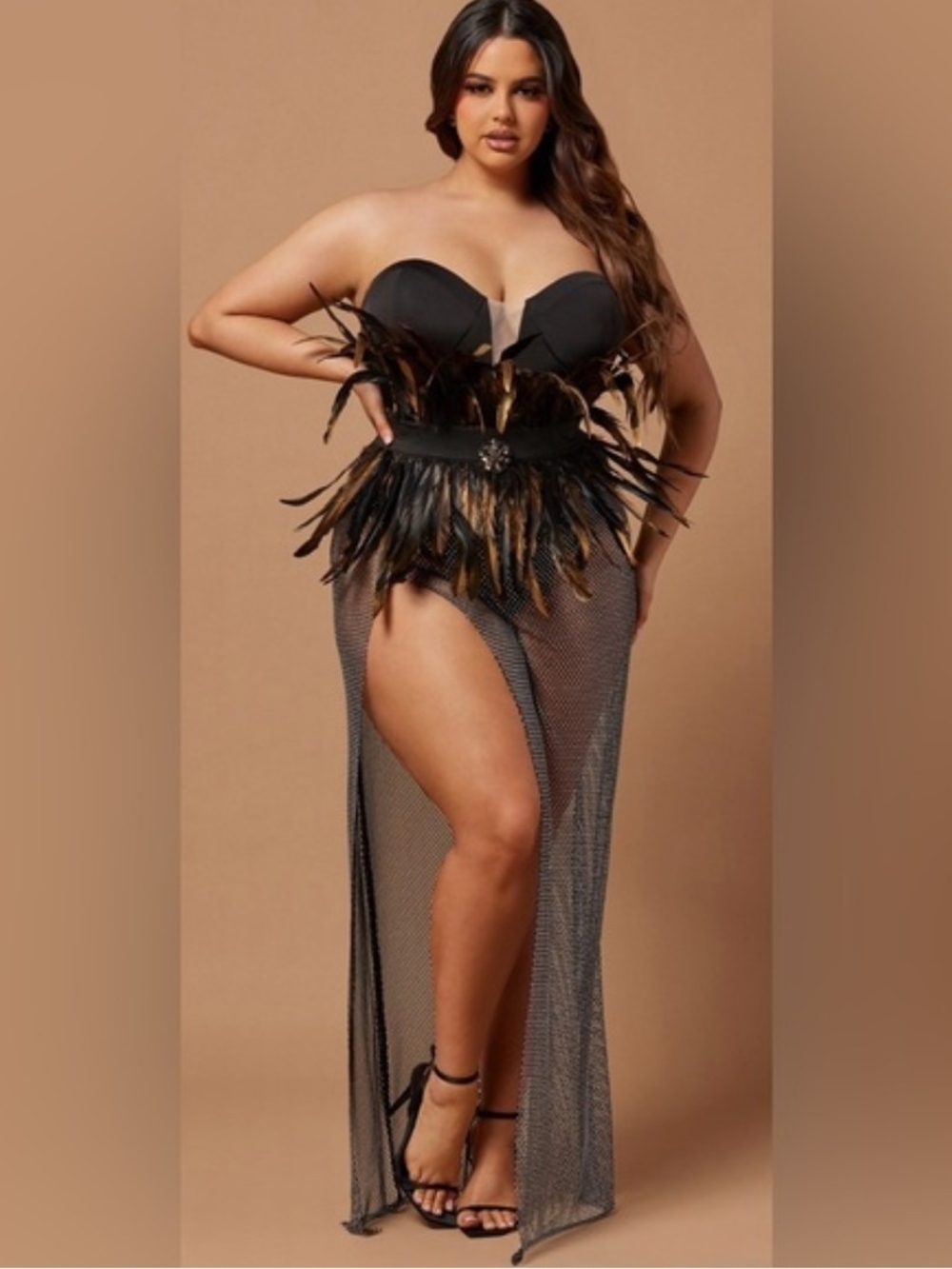 ISO Plus Size Black Feather-Trim Strapless Dress
